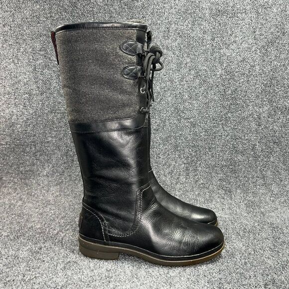 UGG Elsa Boot Womens Size 8 Black Leather Waterproof Tall Lace Outdoor Insulated - Picture 1 of 12